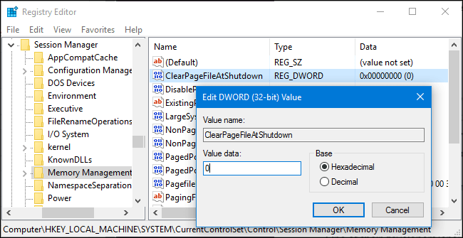 Nếu ClearPageFileAtShutdown được thiết lập là 1, bạn có thể ngăn Windows xóa page file