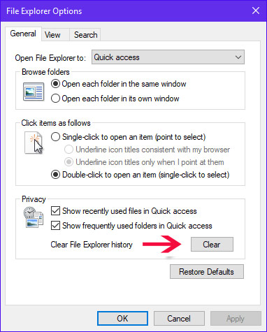 Cửa sổ File Explorer Options 