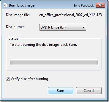 Hộp thoại Windows Disc Image Burner