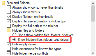 Chọn Show hidden files, folders, and drives