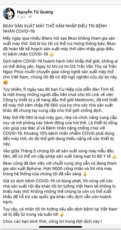 Bkav sẽ sản xuất máy thở xâm nhập điều trị cho bệnh nhân Covid-19