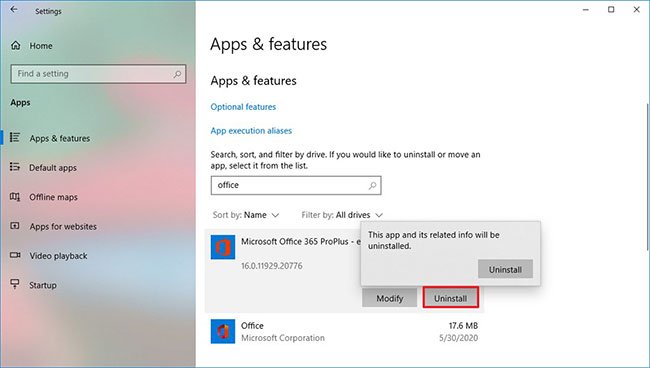 Cách sửa lỗi 30088-26 khi cập nhật Office trên Windows 10 3 Nhấp vào nút Uninstall
