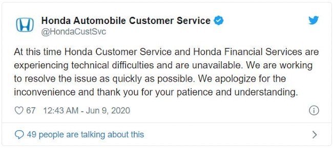 Honda thông báo về vấn đề này trên Twitter