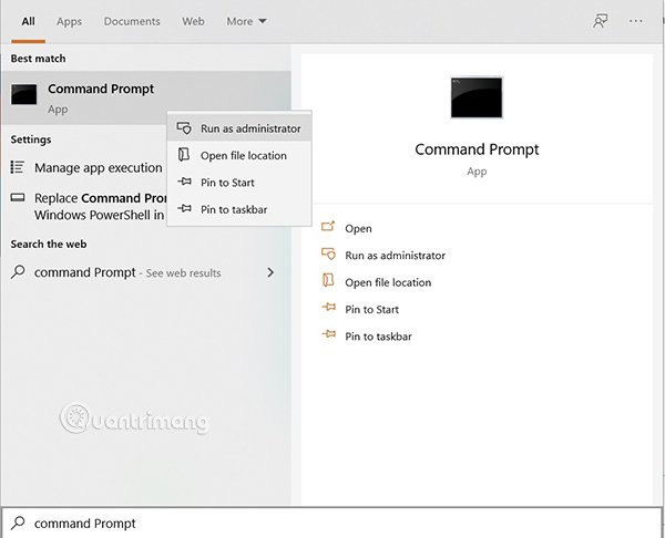 Mở Command Prompt bằng quyền admin