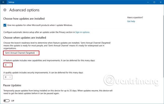 Windows 10 cập nhật cài đặt nâng cao.