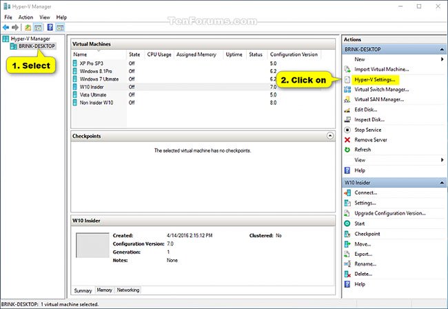 Cách bật/tắt Hyper-V Enhanced Session Mode trong Windows 10 1 Nhấp vào Hyper-V Settings trong phần Actions ở bên phải