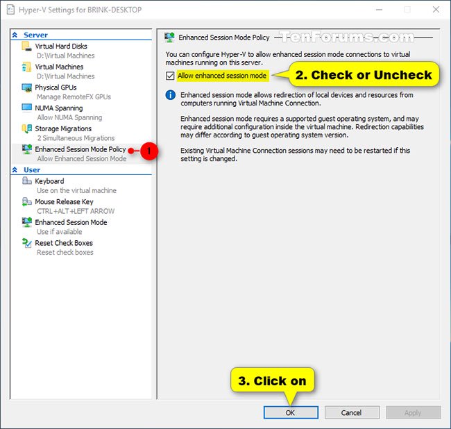 Cách bật/tắt Hyper-V Enhanced Session Mode trong Windows 10 2 Nhấp vào Enhanced Session Mode Policy trong Server