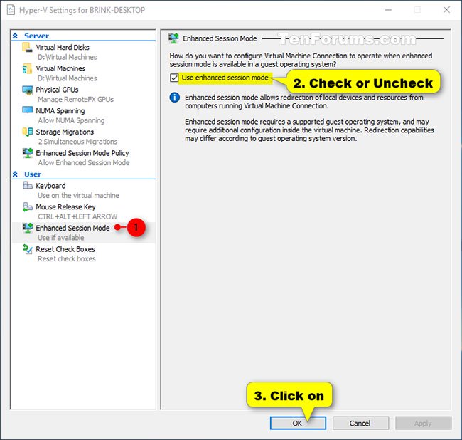 Cách bật/tắt Hyper-V Enhanced Session Mode trong Windows 10 3 Bỏ chọn Use enhanced session mode ở bên phải