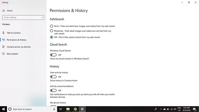 Tắt Cortana trên Windows 10 4 Đặt tất cả các tùy chọn thành Off