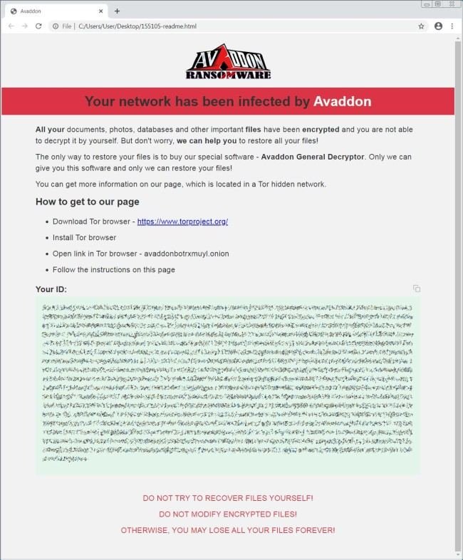 Thư đòi tiền chuộc của Avaddon, yêu cầu người dùng tải trình duyệt TOR để truy cập trang thanh toán