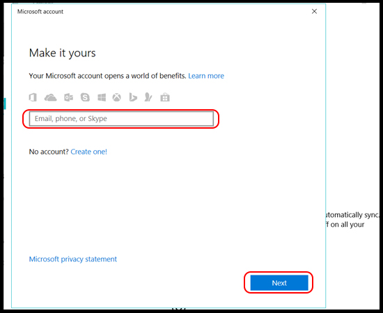 Bước 4: Sau đó bạn nhập vào tài khoản Microsoft của bạn, nếu chưa có sẵn tài khoản Microsoft bạn nhấn vào Create one! rồi tham khảo bài viết Hướng dẫn tạo tài khoản Microsoft trên máy tính và điện thoại để được hướng dẫn tạo tài khoản cho chính bạn nhé!