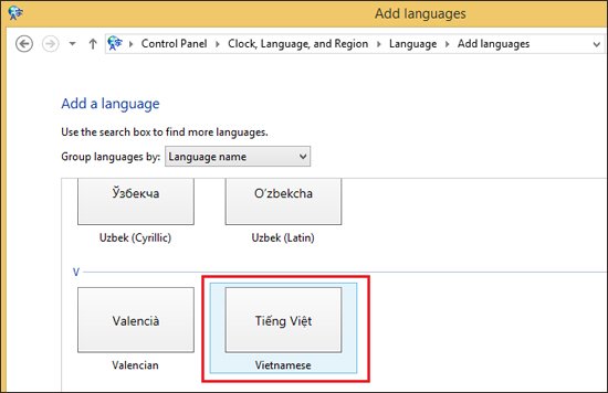 Tại giao diện Add a language, bạn hãy chọn ngôn ngữ Tiếng Viêt