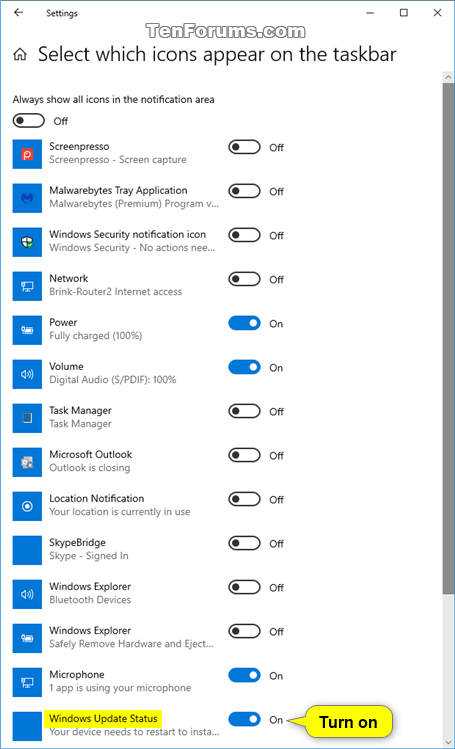 Kích hoạt tùy chọn Windows Update Status