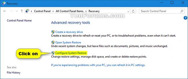 Nhấn vào liên kết Configure System Restore