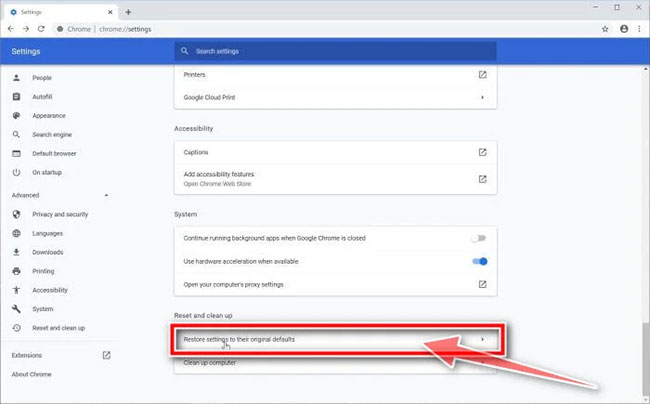 Chọn Reset settings to their original defaults