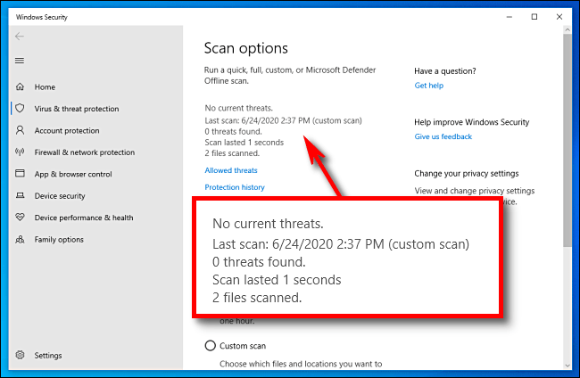 Hướng dẫn sử dụng Windows Defender 14 Kết quả quét sẽ được hiển thị ở gần trên đầu, ngay bên dưới tiêu đề Scan Options