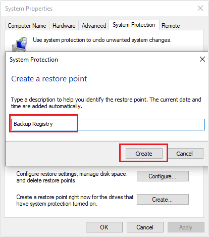 Sao lưu và phục hồi Registry trên Windows 10 Điền tên cho Restore Point cần tạo vào click vào Create