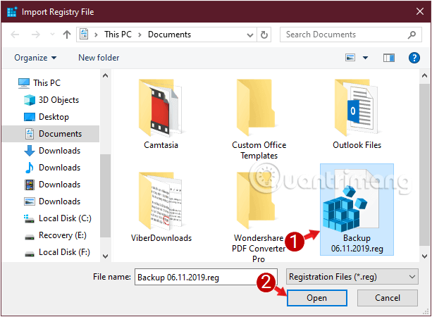 Sao lưu và phục hồi Registry trên Windows 6 Chọn vị trí đã lưu bản backup Registry và click Open để mở