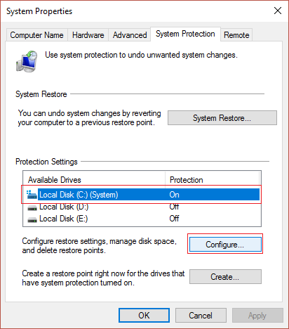Sao lưu và phục hồi Registry trên Windows 8 Chọn ổ đĩa cài đặt Windows và click vào Configure