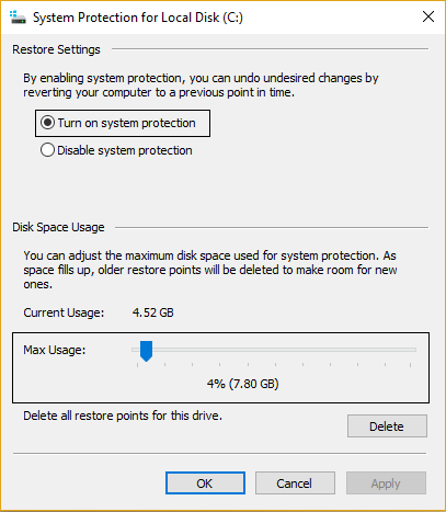 Sao lưu và phục hồi Registry trên Windows 9 Cài đặt System Protection for Local Disk (C:)